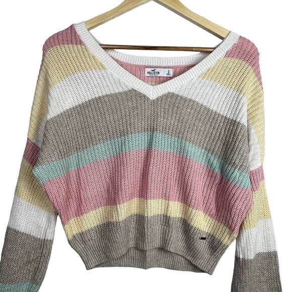 EUC Hollister Pastel Tan Pink White Striped Cropped Oversized Knit Sweater Small - Picture 1 of 9